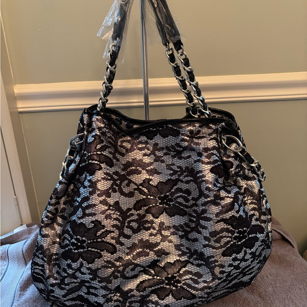 Betsey Johnson Black Lace-Overlay Shoulder Tote with Chain Straps. Brand new.